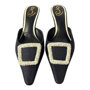 Sam Edelman Brit Kitten Heel Mule – Black Satin with Crystal Buckle – Size 7.5